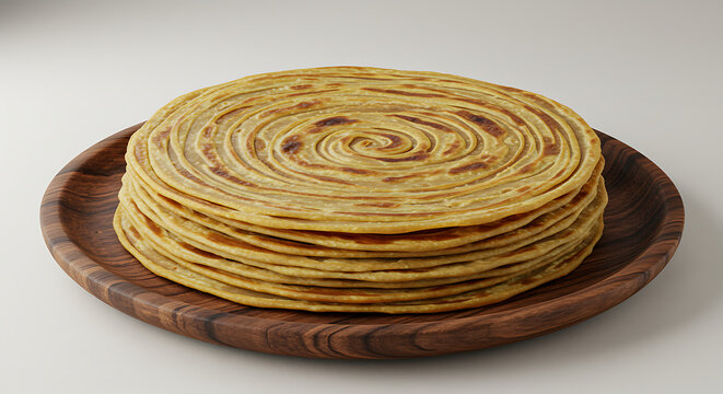 Stack of plain lachha paratha flatbreads on a wooden plate. Layered whole wheat Indian bread isolated on white. Traditional homemade roti for curry. Crispy fried asian pastry texture.