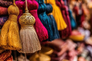 Vibrant colorful tassels, various hues, metallic accents