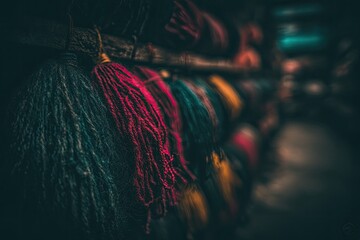 Colorful yarn tassels hanging on wooden rack in dimly lit shop