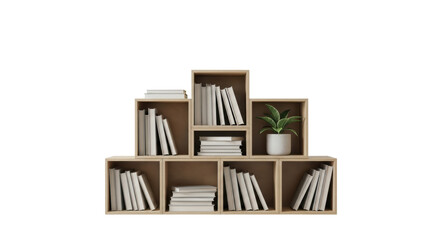 Isolated shelf unit with potted plant and books, minimalist wooden furniture item for home decor
