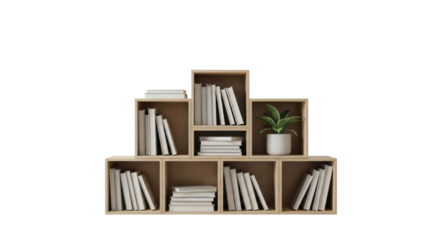 Isolated shelf unit with potted plant and books, minimalist wooden furniture item for home decor