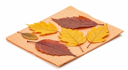 Autumn leaves arranged on a brown napkin in natural setting  