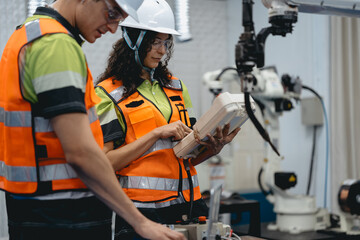 Fototapeta premium Smart Latino woman and male colleague working on AI technology in robotic electronic engineering laboratory. Hispanic engineer technician team research in robot machine futuristic automated control.