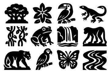 Naklejka premium Jungle wildlife silhouette icon set. featuring toucan, lizard, frog, monkey, and waterfall symbols