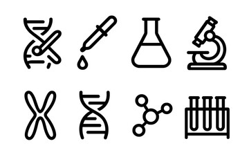 Fototapeta premium Science and laboratory linear icon set. featuring dna, pipette, flask, microscope, chromosome, and molecule symbols
