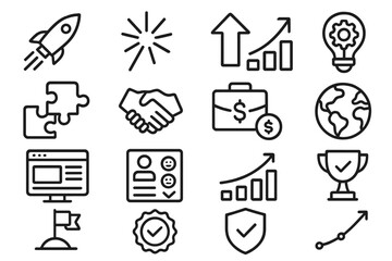 Business growth silhouette icon set. featuring rocket, graph, puzzle, handshake, briefcase, globe, computer, trophy.