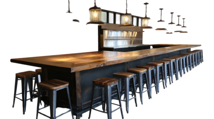 Long Bar Counter With Dark Grey Countertop And Metal Stools