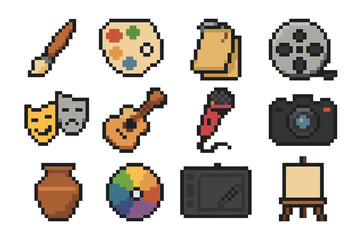 Art and creativity pixel icon set. featuring brush, palette, clipboard, film reel, masks, guitar, microphone, camera, pottery, color wheel, tablet, easel