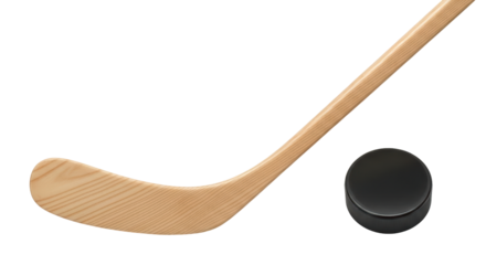 Isolated wood ice hockey stick and black puck close up sports equipment on display, realistic view