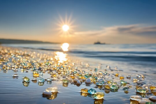 Colorful glass pebbles on a beach at sunrise
