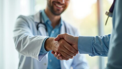 Doctor in white coat shakes patient hand trust, agreement. Professional healthcare setting medical consultation collaboration communication partnership human interaction positive support care