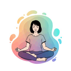 Obraz premium Woman meditating in a relaxed seated yoga pose, surrounded by a colorful abstract background.