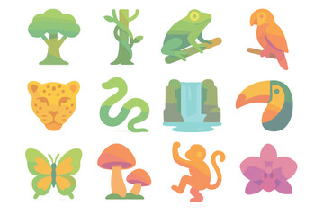 Naklejka premium Jungle wildlife flat icons set. featuring tree, frog, parrot, leopard, snake, waterfall, toucan, butterfly, mushroom, monkey, orchid