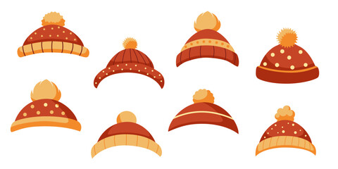Set of winter knitted hats with pompoms - vector illustration of warm hats for Christmas and New Year designs, children's pictures, holiday characters and winter decor