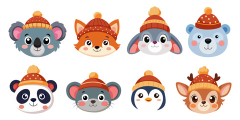 Cute cartoon animals in winter hats vector illustration set, adorable woodland and arctic characters. Isolated on a white background.