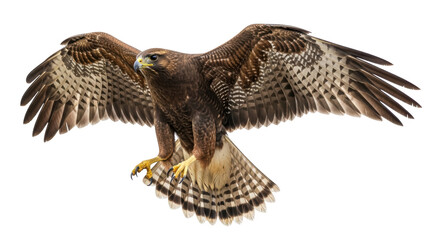 Isolated majestic brown hawk spreads wings, ready to hunt, predatory bird of prey