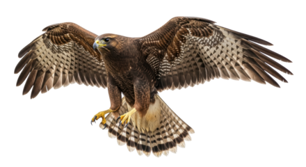 Isolated majestic brown hawk spreads wings, ready to hunt, predatory bird of prey