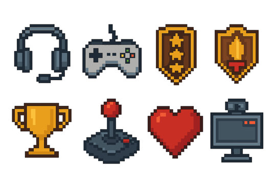 Gaming pixel icon set. featuring headset, controller, badges, trophy, joystick, heart, and monitor