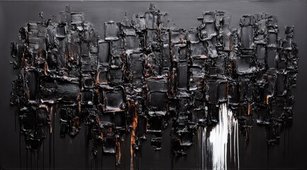 Abstract painting, dark, textured, black, and burnt orange squares