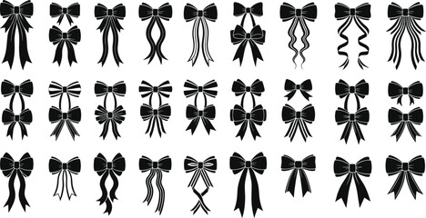 bow, ribbon, gift, wrap, knot, silhouette, vector, black, white, design, art, decoration, fashion, festive, holiday, accessory, loop, tail, illustration, set
