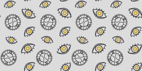 Eyes and dials with gears and cogwheels on a light gray background. Stylish endless texture with unusual ornament. Mechanism. Steampunk. Vector seamless pattern for wrapping paper, giftwrap, printing
