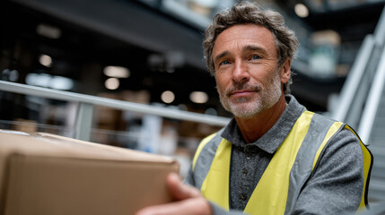 Fototapeta premium A thoughtful warehouse worker holds a package with a pensive expression, emphasizing the importance of efficiency and accuracy in logistics operations.