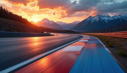 Race track at sunset with mountain backdrop. Asphalt circuit features motion blur, conveying speed, dynamic action. Colorful curbs guide path. Scenic landscape suggests adventure, competitive drive.