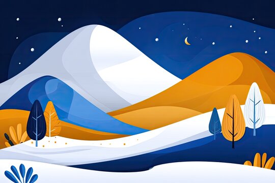 Winter landscape, stylized mountains, night sky