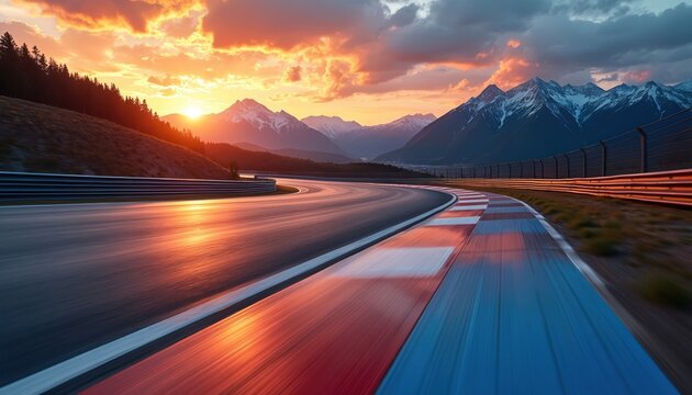 Race track at sunset with mountain backdrop. Asphalt circuit features motion blur, conveying speed, dynamic action. Colorful curbs guide path. Scenic landscape suggests adventure, competitive drive.