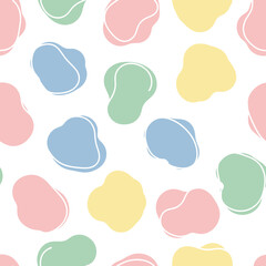 A seamless pattern of pastel-colored abstract blobs with white outlines on a white background.