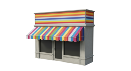 Isolated small shop or store building with colorful awning, retail storefront on display