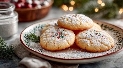 Holiday sugar cookies with sprinkles on plate and cup of tea on festive background. classic sugar cookies on a festive plate with powdered sugar and sprinkles, cozy holiday dessert concept