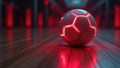 Futuristic soccer ball with red neon lights glows on dark wooden floor. Modern sports ball high technology, innovation, advanced digital concepts for games competitions. Electric energy, dynamic