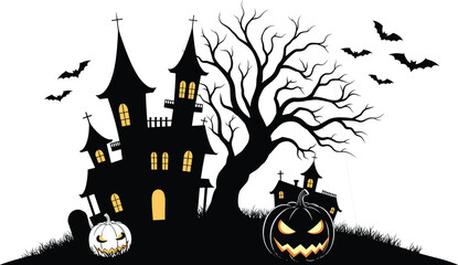 Haunted house with glowing pumpkins, creepy tree, flying bats, graveyard, dark scary night Halloween illustration design for spooky vector background