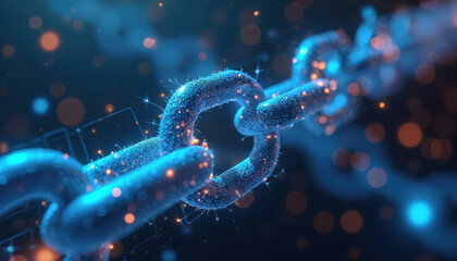Digital illustration of interconnected chain links blockchain technology. Blue, glowing chain represents secure, transparent tracking of goods origin, ensuring authenticity, ethical supply chain