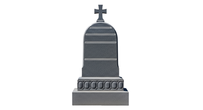 Isolated memorial headstone with a cross resting in cemetery, tombstone on no background