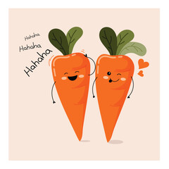 Two cheerful carrot friends laughing and smiling. Vector illustration