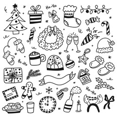 Christmas doodle set template. Hand drawn festive line art elements for holiday cards, posters and wrapping paper. Vector isolated.