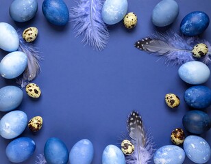 Blue Easter eggs and feathers