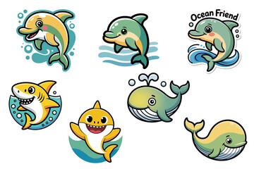 set of cartoon images of sharks, whales and dolphins, on white background, isolate, sea creatures, ocean animals