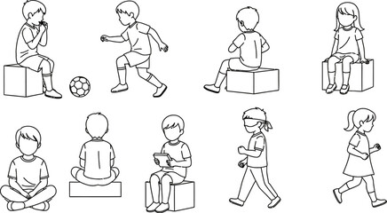 Children playing outline vector illustration line drawing