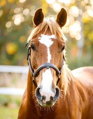 Portrait of a reddish-brown horse, head and shoulders,  in a halter.  Sunlight filters through trees