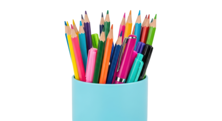 Isolated studio shot of assorted colorful pencils and pens in blue mug, back to school