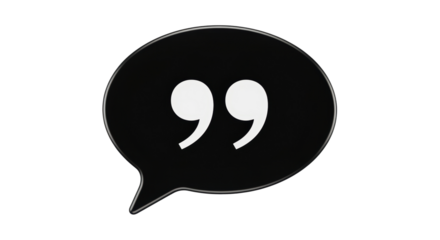 Isolated black speech bubble with white quotation mark in center, communication and message