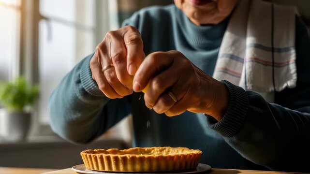 Mature woman squeezing lemon over dessert tart shell in kitchen, preparing delicious sweet pastry dish footage.