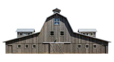 Isolated rustic wooden barn building with gambrel roof, metal roofing and cupola on top