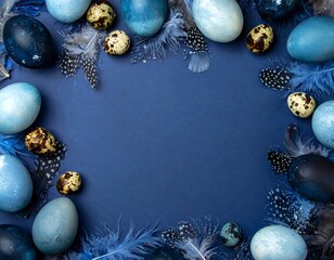 Blue Easter eggs, feathers, frame (1)