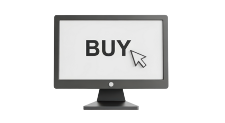 Isolated computer monitor displays the word buy with a cursor ready to make purchase