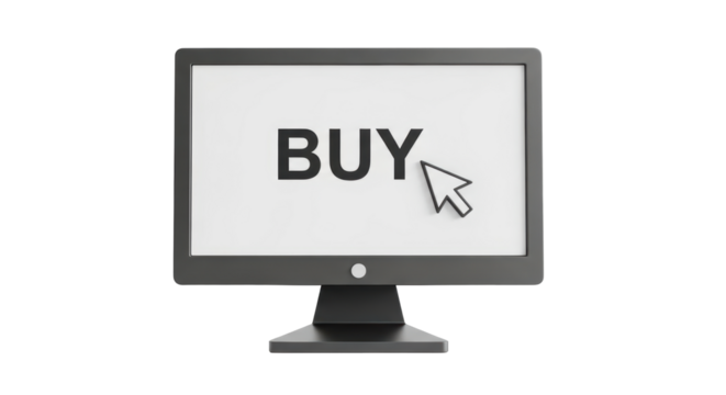 Isolated computer monitor displays the word buy with a cursor ready to make purchase