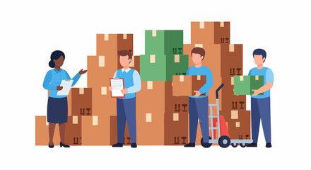 Warehouse workers manage and sort cardboard boxes.